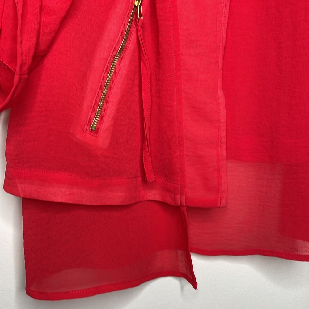 CHICO’S Blazer Jacket Red Layered Lightweight Open Front Zipper Pockets 4 - Picture 6 of 14